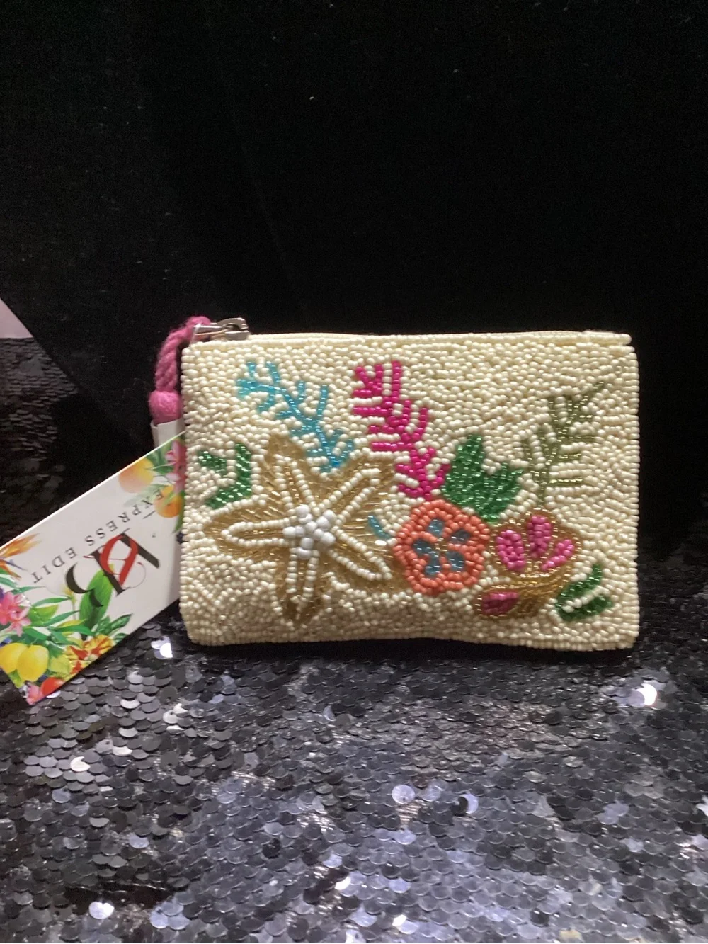 America and Beyond Beaded Floral Zip Wallet NWT